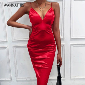 Planet Gates Wanna This Red Satin Deep V-Neck Summer Women Bodycon Knee-Dress sleeveless backless Elegant Party Outfits Sexy Slim Club Clothes