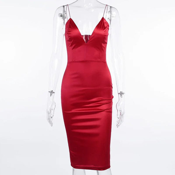 Planet Gates Wanna This Red Satin Deep V-Neck Summer Women Bodycon Knee-Dress sleeveless backless Elegant Party Outfits Sexy Slim Club Clothes