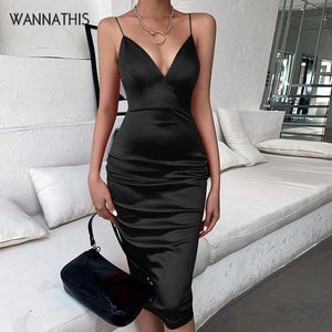Planet Gates Wanna This Red Satin Deep V-Neck Summer Women Bodycon Knee-Dress sleeveless backless Elegant Party Outfits Sexy Slim Club Clothes