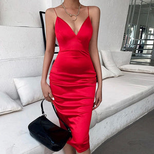 Planet Gates Wanna This Red Satin Deep V-Neck Summer Women Bodycon Knee-Dress sleeveless backless Elegant Party Outfits Sexy Slim Club Clothes