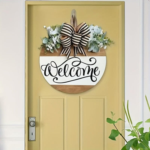 Planet Gates Welcome 1pc "Welcome" Door Wreath, Front Door Sign, Front Door Decorative Wreath, Housewarming Gift, Home Decoration, Round Wooden Board Wreath, Yard Art Decor