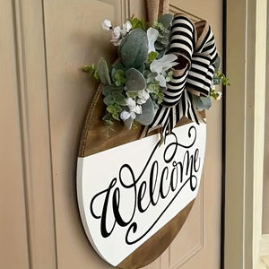 Planet Gates Welcome 1pc "Welcome" Door Wreath, Front Door Sign, Front Door Decorative Wreath, Housewarming Gift, Home Decoration, Round Wooden Board Wreath, Yard Art Decor
