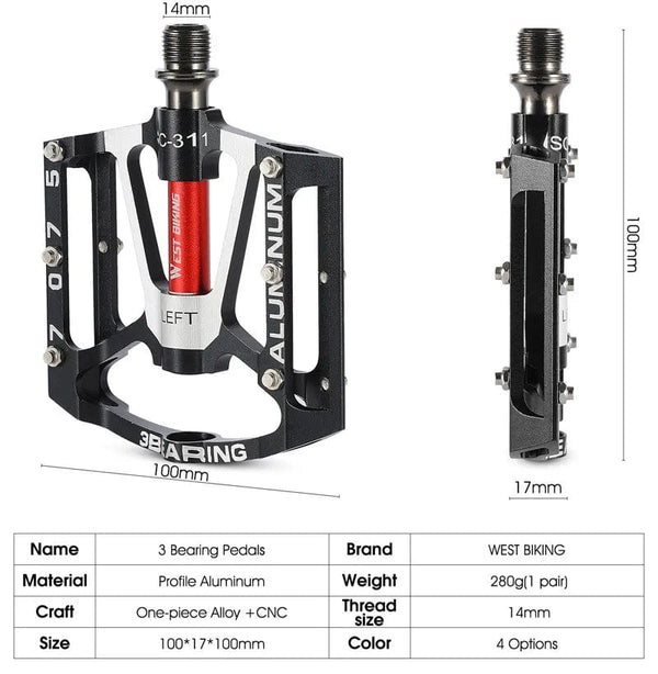 Planet Gates WEST BIKING Bicycle Pedals 3 Bearings Non-Slip MTB Pedals Aluminum Alloy Flat Applicable Waterproof Bicycle Accessories
