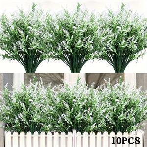 Planet Gates white 10 Bundles Artificial Lavender Flowers Outdoor UV Resistant Fake Flowers No Fade Faux Plastic Plants Garden Porch Window Box Decorating Indoor Outside Hanging Planter Home Kitchen Office Wedding Garden Decor