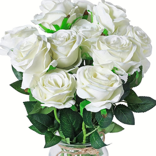 Planet Gates White 10 Pcs Fake Roses Artificial Flowers, Roses Artificial Faux Flowers With Stems, Suitable For Home Wedding Centerpiece Hotel Office Decor, Valentine's Day For Home Ornament, Proposal Arrangement, Wedding Room