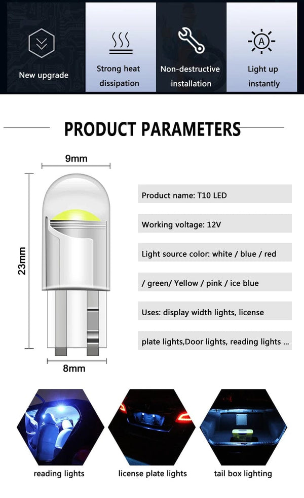 Planet Gates White / 10pcs 10PCS W5W LED T10 Car Light COB Glass Housing Auto Automobiles Wedge License Plate Lamp Interior Dome Reading Light t10 DRL Bulb