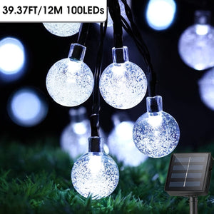 Planet Gates White / 12M100LED Solar Crystal Ball String Lights 11.89m Waterproof Outdoor 8 Modes Garden Camping Party Decoration
