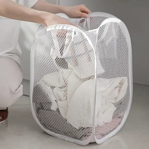 Planet Gates White 1pc Folding Laundry Basket, Organizer For Dirty Clothes, Bathroom Clothes Mesh Storage Bag, Household Wall Hanging Basket, Laundry Organization And Storage Supplies For Bathroom Bedroom Laundry Room Dorm