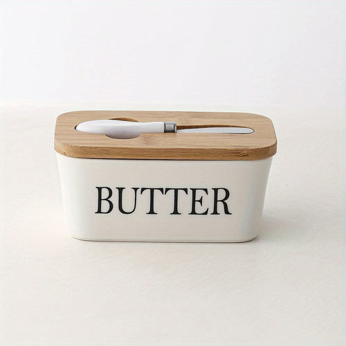 Planet Gates White 1set Ceramic Butter Dish With Bamboo Lid And Knife, Large Butter Keeper Container For Counter, Airtight Butter Holder With Cover For Kitchen