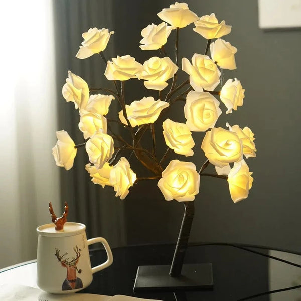 Planet Gates WHITE 24LED Table Lamp Rose Flower Tree USB Night Lights Christmas Decoration Gift for Kids Room Rose Flower Lighting Home Decoration