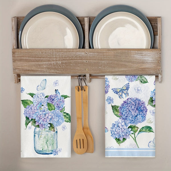 Planet Gates White 2pcs, Hand Towels, Hydrangea Vase Butterfly Pattern Kitchen Towel, Spring Theme Decorative Dishcloth, Seasonal Holiday Tea Towel, Kitchen Supplies, Room Decor