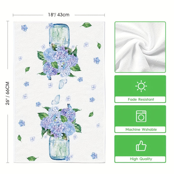 Planet Gates White 2pcs, Hand Towels, Hydrangea Vase Butterfly Pattern Kitchen Towel, Spring Theme Decorative Dishcloth, Seasonal Holiday Tea Towel, Kitchen Supplies, Room Decor