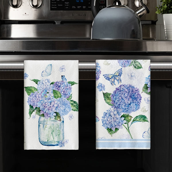 Planet Gates White 2pcs, Hand Towels, Hydrangea Vase Butterfly Pattern Kitchen Towel, Spring Theme Decorative Dishcloth, Seasonal Holiday Tea Towel, Kitchen Supplies, Room Decor