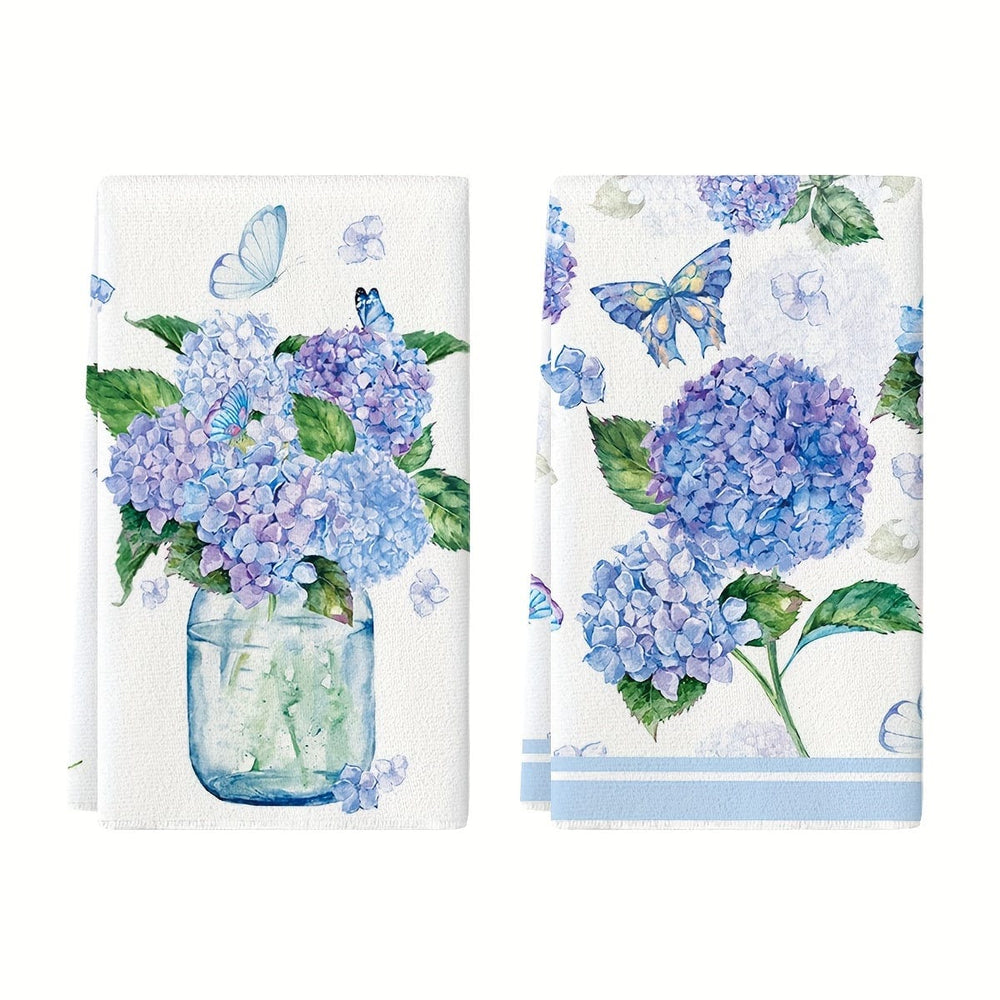 Planet Gates White 2pcs, Hand Towels, Hydrangea Vase Butterfly Pattern Kitchen Towel, Spring Theme Decorative Dishcloth, Seasonal Holiday Tea Towel, Kitchen Supplies, Room Decor