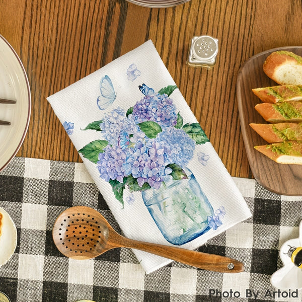 Planet Gates White 2pcs, Hand Towels, Hydrangea Vase Butterfly Pattern Kitchen Towel, Spring Theme Decorative Dishcloth, Seasonal Holiday Tea Towel, Kitchen Supplies, Room Decor
