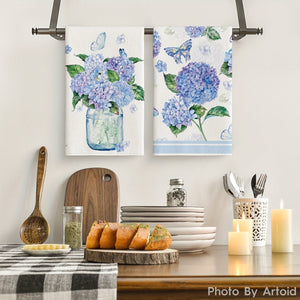 Planet Gates White 2pcs, Hand Towels, Hydrangea Vase Butterfly Pattern Kitchen Towel, Spring Theme Decorative Dishcloth, Seasonal Holiday Tea Towel, Kitchen Supplies, Room Decor
