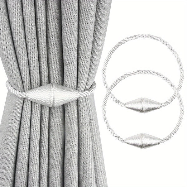 Planet Gates White 2pcs Modern Magnetic Curtain Tiebacks - Handmade Weave Holdbacks for Bedroom and Living Room - Easy to Use and Stylish Home Decor