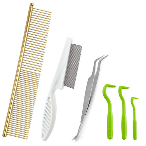 Planet Gates WHITE 6 pieces Pet Tick Removal Tool Kit Pet Hair Comb Dog Louse 2in1 Tweezer Pet Flea Removal comb For Cat and Dog