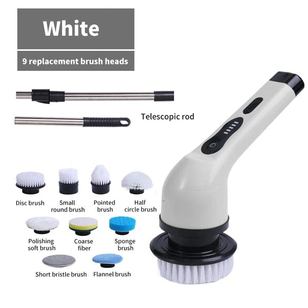 Planet Gates White 9 heads 9-in-1 Electric Cleaning Brush Electric Spin Cleaning Scrubber Electric Cleaning Tools Parlour Kitchen Bathroom Cleaning Gadgets