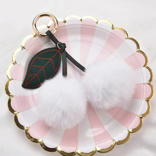Planet Gates White Adorable Fluffy Cherry Keychain - A Perfect Accessory for Your Car or Handbag!
