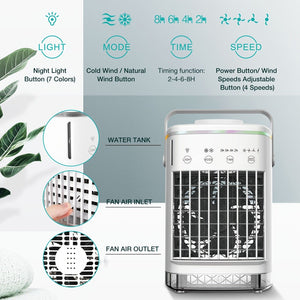 Planet Gates White Air Cooler Fan, Portable Misting Cooler Fan, Personal Space Evaporative Cooler, Humidifier, Mini USB Cooling Desktop Fan With 4 Wind Speeds For Bedroom, Travel, Office