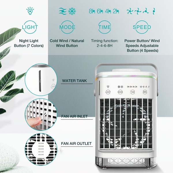 Planet Gates White Air Cooler Fan, Portable Misting Cooler Fan, Personal Space Evaporative Cooler, Humidifier, Mini USB Cooling Desktop Fan With 4 Wind Speeds For Bedroom, Travel, Office