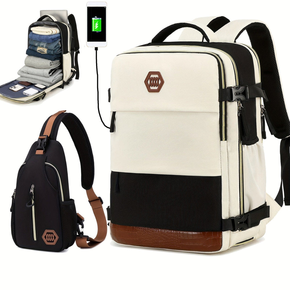Planet Gates White And Black + Chest Bag Flight-approved Carry-on Backpack With Shoe Compartment, Travel Luggage Daypack, Business Computer Schoolbag