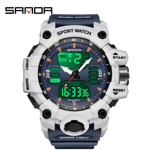 Planet Gates White and blue / No Sanda 6126 Digital LED Display Men's Watch 3ATM Water Resistant Movt Chronograph Sport Resin Strap