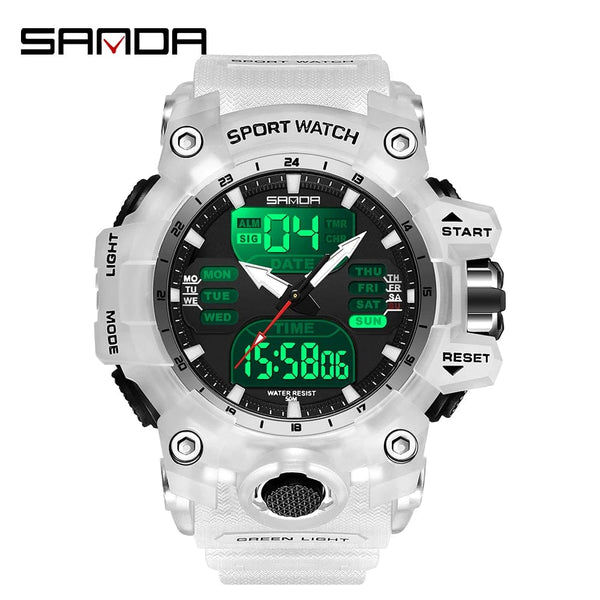 Planet Gates White and blue / No Sanda 6126 Digital LED Display Men's Watch 3ATM Water Resistant Movt Chronograph Sport Resin Strap