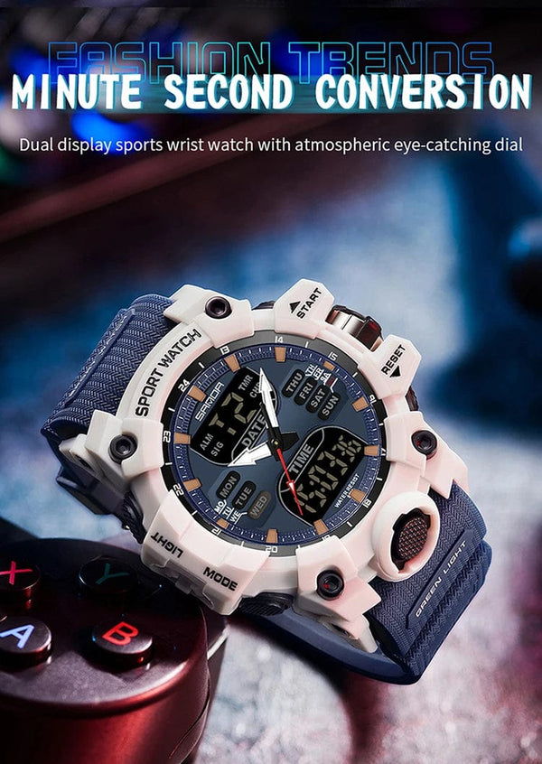 Planet Gates White and blue / No Sanda 6126 Digital LED Display Men's Watch 3ATM Water Resistant Movt Chronograph Sport Resin Strap