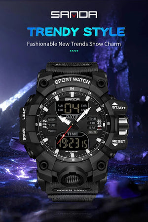 Planet Gates White and blue / No Sanda 6126 Digital LED Display Men's Watch 3ATM Water Resistant Movt Chronograph Sport Resin Strap