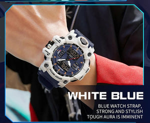 Planet Gates White and blue / No Sanda 6126 Digital LED Display Men's Watch 3ATM Water Resistant Movt Chronograph Sport Resin Strap