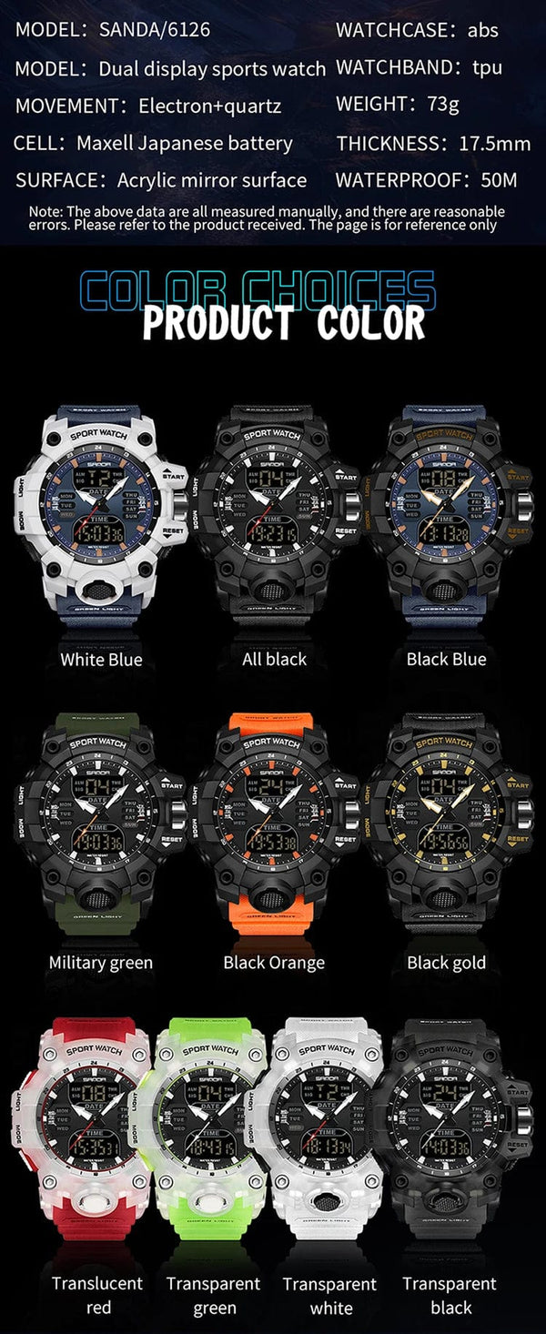 Planet Gates White and blue / No Sanda 6126 Digital LED Display Men's Watch 3ATM Water Resistant Movt Chronograph Sport Resin Strap