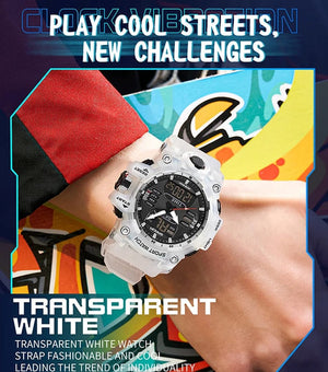 Planet Gates White and blue / No Sanda 6126 Digital LED Display Men's Watch 3ATM Water Resistant Movt Chronograph Sport Resin Strap