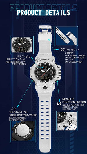 Planet Gates White and blue / No Sanda 6126 Digital LED Display Men's Watch 3ATM Water Resistant Movt Chronograph Sport Resin Strap