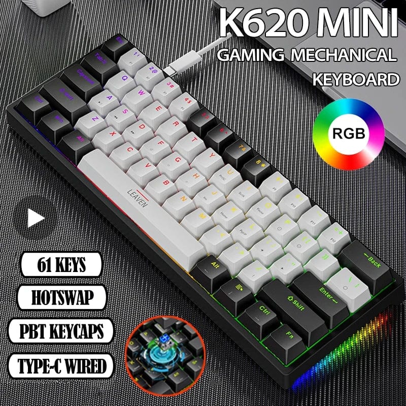 Planet Gates white / blue switch K620 Mini Backlit RGB Gaming Mechanical Keyboard Gamer Mechanic Kit 60 Percent DIY Custom PBT Keycap Hotswap Pink White USB PC