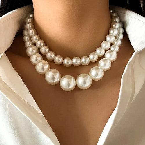 Planet Gates White color 2Pcs/Set Exaggerated Big Imitation Pearl Clavicle Chain Necklace for Women Wed Bridal Goth Beads Choker Grunge Jewelry Steampunk