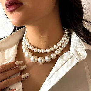 Planet Gates White color 2Pcs/Set Exaggerated Big Imitation Pearl Clavicle Chain Necklace for Women Wed Bridal Goth Beads Choker Grunge Jewelry Steampunk