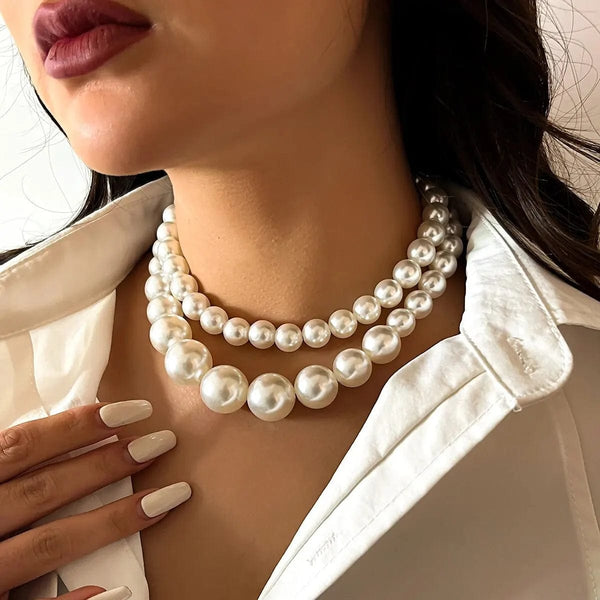Planet Gates White color 2Pcs/Set Exaggerated Big Imitation Pearl Clavicle Chain Necklace for Women Wed Bridal Goth Beads Choker Grunge Jewelry Steampunk