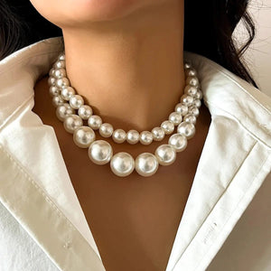 Planet Gates White color 2Pcs/Set Exaggerated Big Imitation Pearl Clavicle Chain Necklace for Women Wed Bridal Goth Beads Choker Grunge Jewelry Steampunk