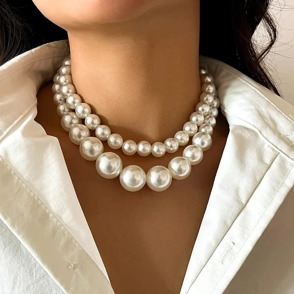 Planet Gates White color 2Pcs/Set Exaggerated Big Imitation Pearl Clavicle Chain Necklace for Women Wed Bridal Goth Beads Choker Grunge Jewelry Steampunk