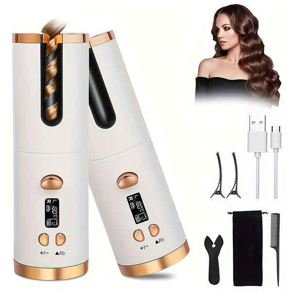 Planet Gates White Cordless Automatic Curling Iron - USB Rechargeable, Anti-Tangle, Ceramic Cylinder, Quick Heating, 5-Level Temperature Control - Perfect For Long Hair, Includes Gift Box