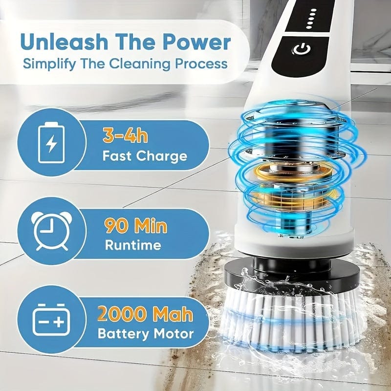 Planet Gates White Cordless Electric Spin Scrubber with 7 Rechargeable Brush Heads Long Handle for Bathroom Kitchen Bathtub Tile Shower Car Cleaning Supplies