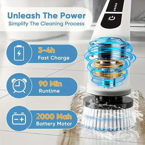 Planet Gates White Cordless Electric Spin Scrubber with 7 Rechargeable Brush Heads Long Handle for Bathroom Kitchen Bathtub Tile Shower Car Cleaning Supplies