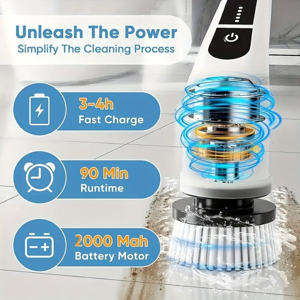 Planet Gates White Cordless Electric Spin Scrubber with 7 Rechargeable Brush Heads Long Handle for Bathroom Kitchen Bathtub Tile Shower Car Cleaning Supplies