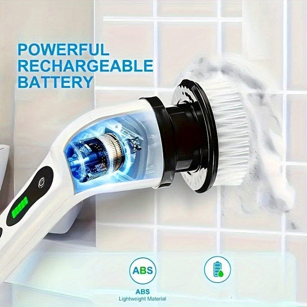 Planet Gates White Cordless Electric Spin Scrubber with 7 Rechargeable Brush Heads Long Handle for Bathroom Kitchen Bathtub Tile Shower Car Cleaning Supplies
