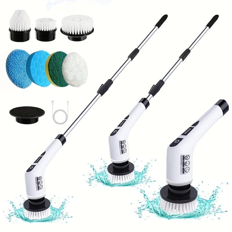 Planet Gates White Cordless Electric Spin Scrubber with 7 Rechargeable Brush Heads Long Handle for Bathroom Kitchen Bathtub Tile Shower Car Cleaning Supplies
