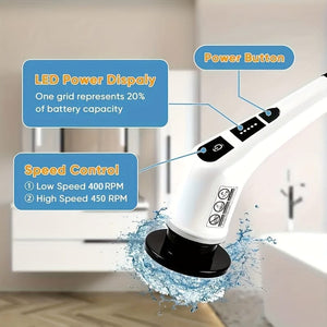 Planet Gates White Cordless Electric Spin Scrubber with 7 Rechargeable Brush Heads Long Handle for Bathroom Kitchen Bathtub Tile Shower Car Cleaning Supplies