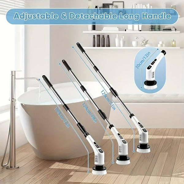 Planet Gates White Cordless Electric Spin Scrubber with 7 Rechargeable Brush Heads Long Handle for Bathroom Kitchen Bathtub Tile Shower Car Cleaning Supplies
