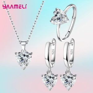 Planet Gates White Fine 925 Sterling Silver Color Jewelry Gift Sets for Women Female Romantic Heart Zircon Huggie Earrings Pendant Necklace Ring